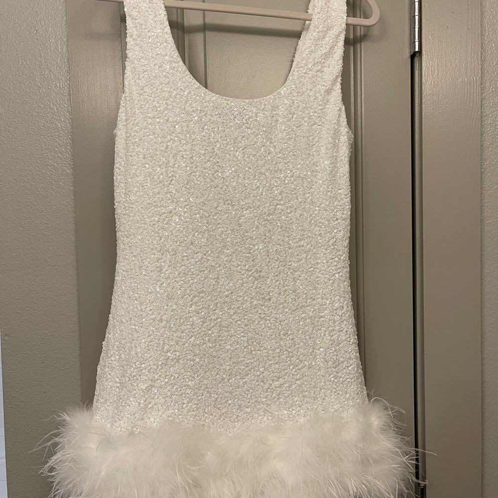White Sequin Feather Trim Mini Dress - Picture 4 of 4